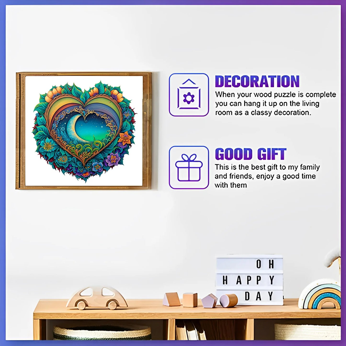 3D-Herz-Holzpuzzle – Achtsames Pflanzenmotiv